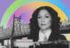 Photo of Maya Contreras on a collage background of rainbow, bridge and city skyline