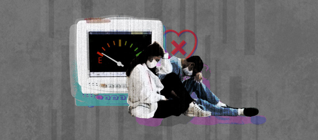 a collage with two medical professionals sitting on the floor looking exhausted. behind them is a heart monitor with a gas tank gauge showing on empty.