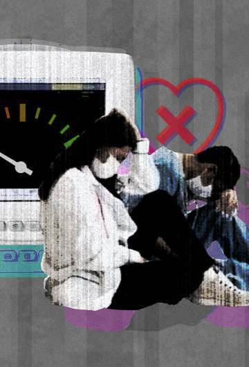 a collage with two medical professionals sitting on the floor looking exhausted. behind them is a heart monitor with a gas tank gauge showing on empty.