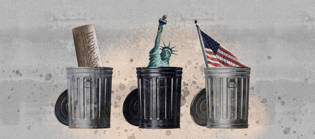 three garbage cans, one has the constitution in it, one has the statue of liberty and one has the american flag sticking out of it.