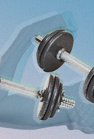 A set of barbells over a rosie the riverter style bicep