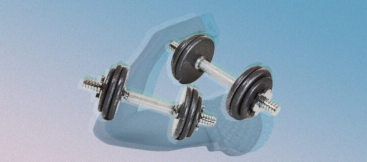 A set of barbells over a rosie the riverter style bicep