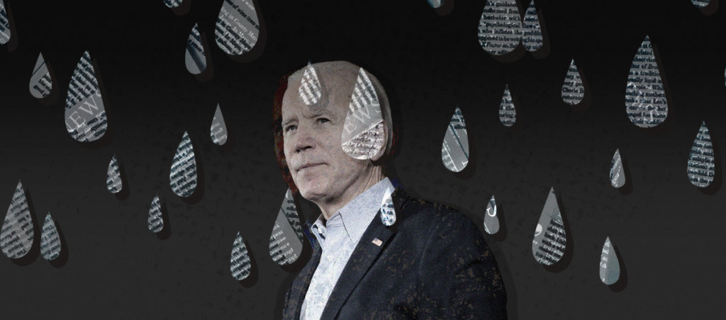 A collage of a picture of Biden with raindrops over the image filled with text from newspapers