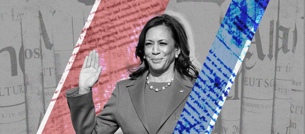 Vice President Kamala Harris. The background is a mix of newspaper pages