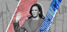 Vice President Kamala Harris. The background is a mix of newspaper pages