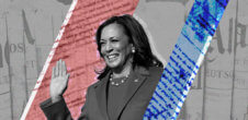 Vice President Kamala Harris at her swearing in, smiling and raising her hand. In the background of the photo is newsprint