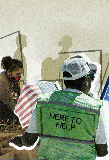 A collage of people backing stuff into bags, someone wearing a "here to help" shirt, a sign pointing to a vaccine clinic with shadows of people walking in the background.