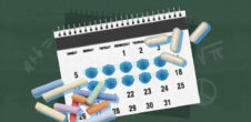 a calendar with covid masks on the dates. On the lower left corner is a pile of chalk. On the upper right corner, a pile of pills