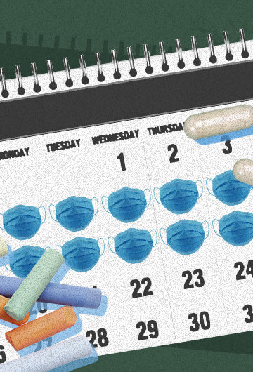 a calendar with covid masks on the dates. On the lower left corner is a pile of chalk. On the upper right corner, a pile of pills