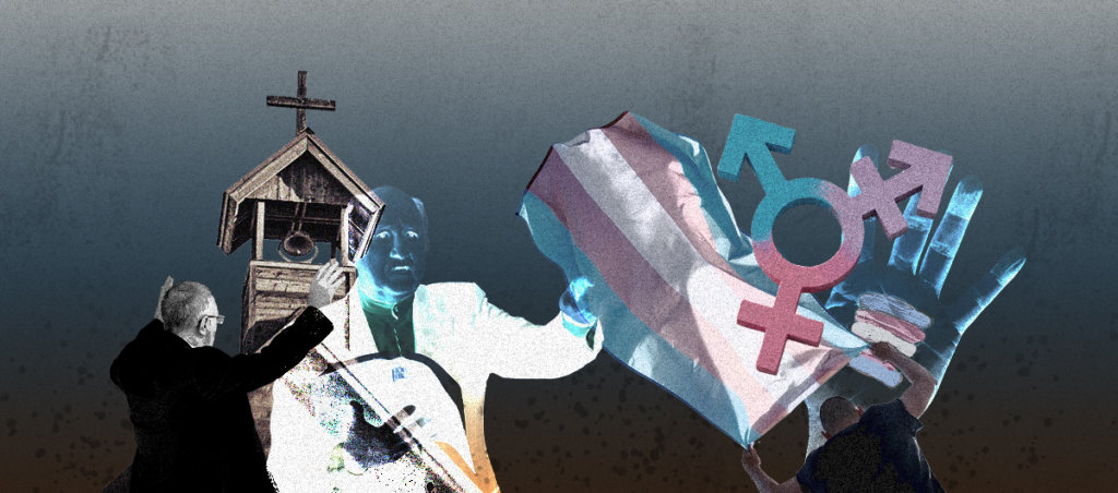 A collage of someone grabbing a trans flag from someone who is holding it, a religious leader with their back faced towards the image, and a wooden top of a church