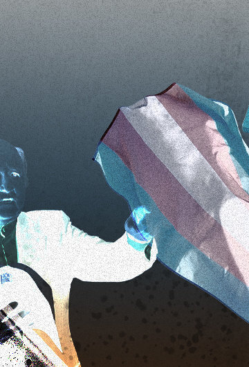 A collage of someone grabbing a trans flag from someone who is holding it, a religious leader with their back faced towards the image, and a wooden top of a church