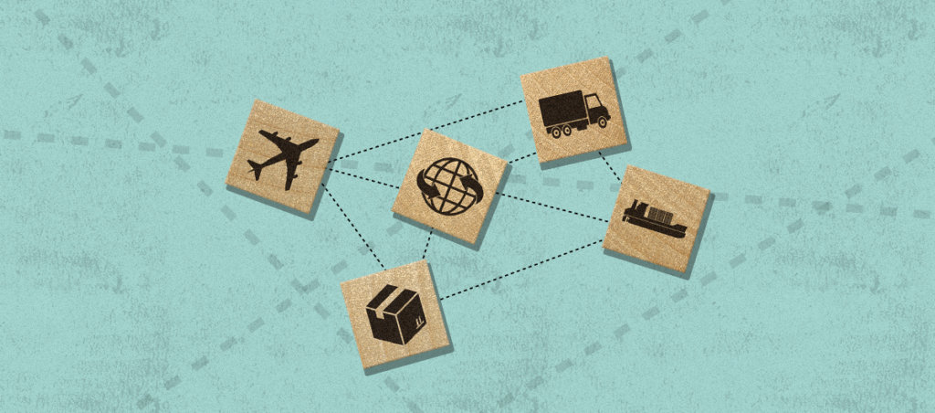 icons of a plane, truck, ship on wood tiles to convey supply chain. They are scattered on a bluish background with dots connecting throughout.