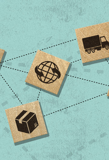 icons of a plane, truck, ship on wood tiles to convey supply chain. They are scattered on a bluish background with dots connecting throughout.