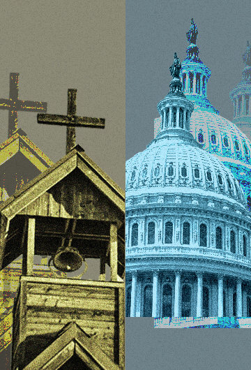 A collage of a the top of the church on the left and the top of the Supreme Court on the right