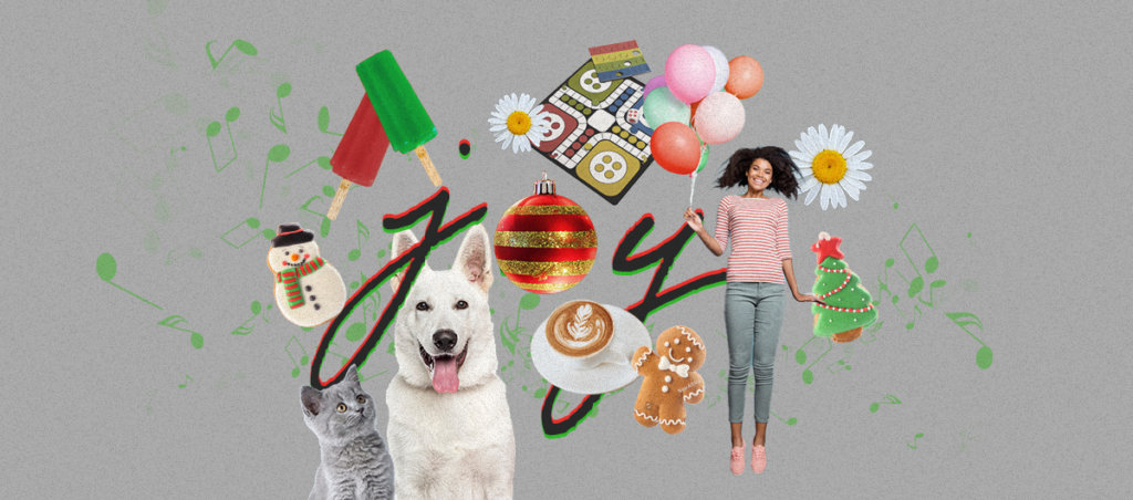 A collage of a white dog, a gray kitten, a gingerbread man, a cup of coffee, some flowers, a cookie of snowman, Christmas ornament, a board game, a black woman carrying balloons with the word "joy" written on it.