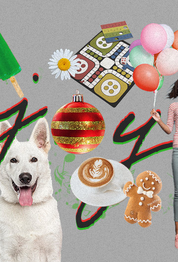 A collage of a white dog, a gray kitten, a gingerbread man, a cup of coffee, some flowers, a cookie of snowman, Christmas ornament, a board game, a black woman carrying balloons with the word "joy" written on it.