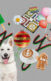 A collage of a white dog, a gray kitten, a gingerbread man, a cup of coffee, some flowers, a cookie of snowman, Christmas ornament, a board game, a black woman carrying balloons with the word "joy" written on it.