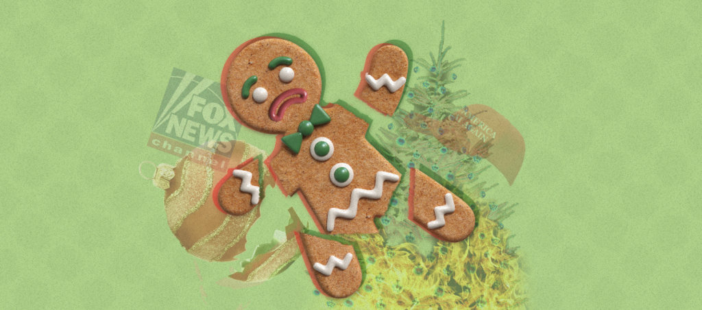 A collage of a gingerbread cookie broken apart with a christmas tree in the background that's on fire, a broken Christmas ornament, and the "Fox News" logo