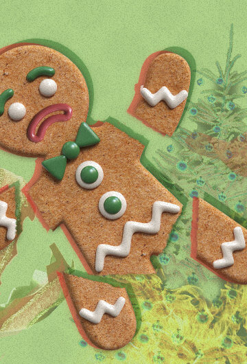 A collage of a gingerbread cookie broken apart with a christmas tree in the background that's on fire, a broken Christmas ornament, and the "Fox News" logo