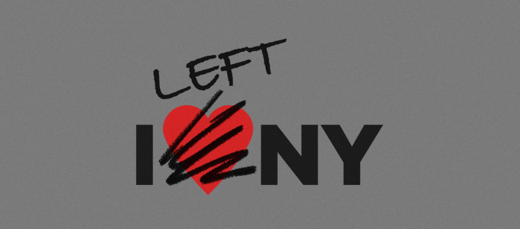 An illustration of the words "I ❤️ New York" with the heart crossed out with the word "left" over it.