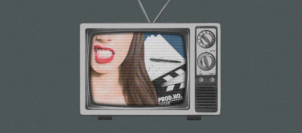 A tv with the lower half of woman's face sneering, and a script and clapboard behind her