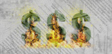 three dollar signs on fire with newsprint in the background