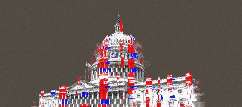 An illustration of the White House with blue and red colors splashed all over it.