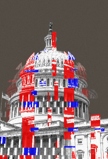 An illustration of the White House with blue and red colors splashed all over it.
