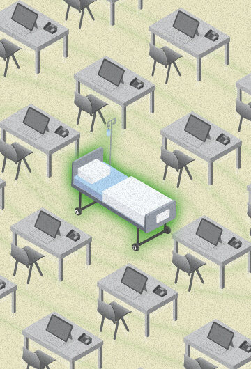 An illustration of work desks with computers on it and a hospital bed in the middle.