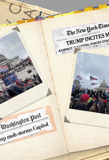A collage of a folder on top of other folders with photos of the Jan. 6 coup and headlines from Washington Post and New York Times.