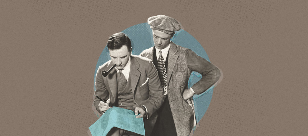 vintage image of two old timey men looking at a newspaper. One man is smoking a pipe, and one man has a cap on.