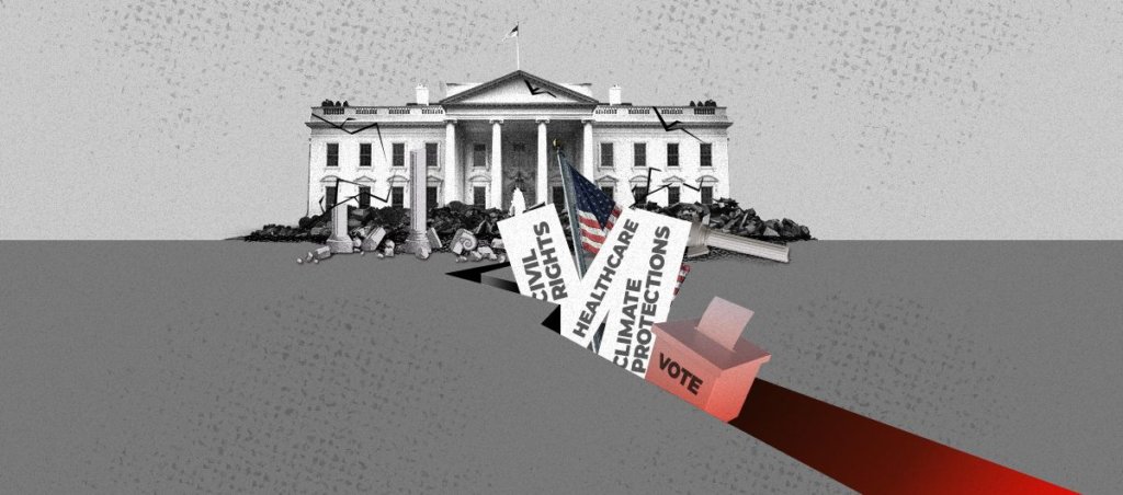 A collage of the White House with an Earthquake line where a voting box and signs that say "climate protections," "healthcare" and "civil rights" are falling through.