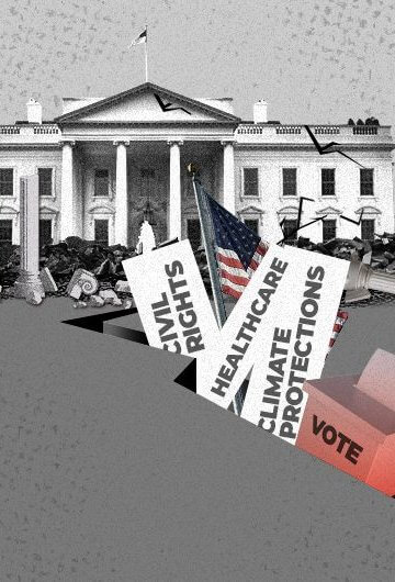 A collage of the White House with an Earthquake line where a voting box and signs that say "climate protections," "healthcare" and "civil rights" are falling through.