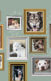 A collage of pictures in frames on a green wall with dogs in them.