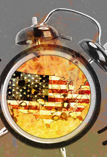 an alarm clock with the american flag inside it. there are flames behind it