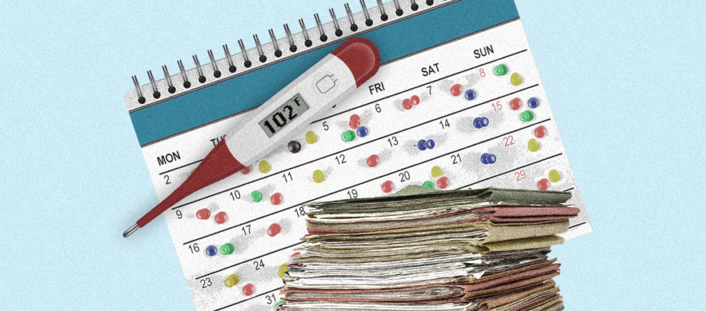 A collage with a thermometer on top of calendar. There is also a stack of files.