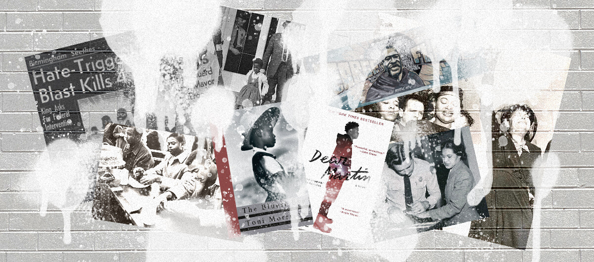 A collage of photographs of Black people from the Civil Rights era and books from celebrated Black authors