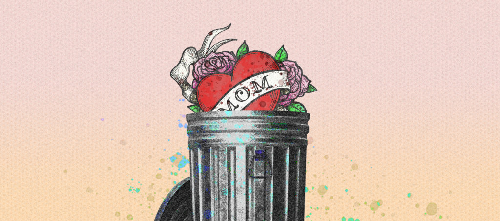 A collage of a heart with the word "mom" on it and flowers in a silver garbage bag.