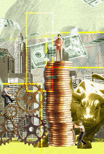 A collage of coins, the Charging Bull statue, skyscrapers in the background, an illustration of Benjamin Franklin