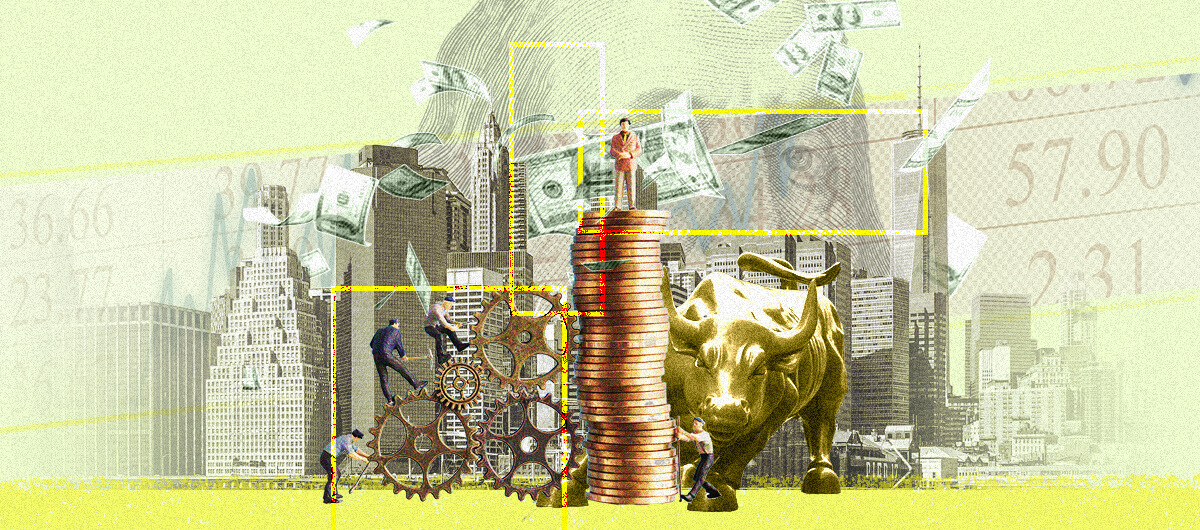 A collage of coins, the Charging Bull statue, skyscrapers in the background, an illustration of Benjamin Franklin