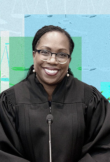 Ketanji Brown Jackson. The background color behind her is light blue.