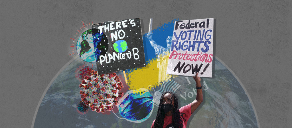A Black person holding a sign that says "Federal voting rights protections now!" In this collage, there is also a mask, a COVID-19 symbol, a sign that says "There's no Planet B," a drawing of the Earth," a picture that says "I voted," a drawing of the Ukrainian flag in front of the Earth, which is in the background.