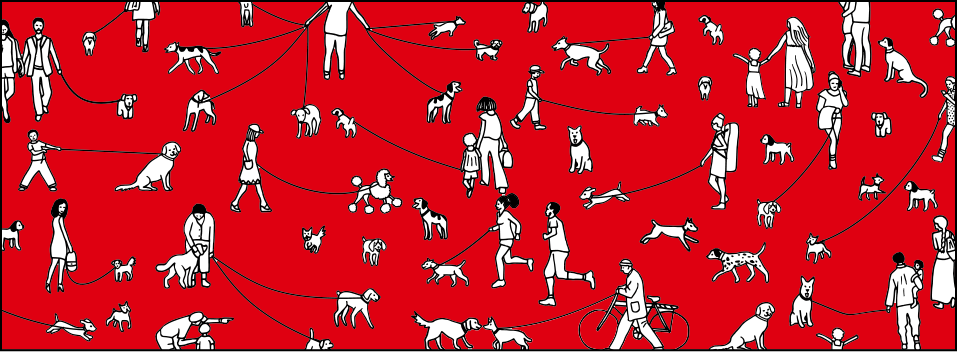 Red and white illustrations of various people walking their dogs.