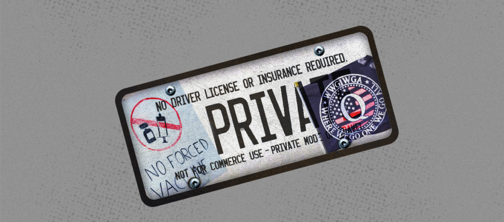 A sign that says "no driver license or insurance required, private, not commerce use – private." It is plagarizeed with the text "No forced vaccine" and a drawing of vaccines crossed out and a Qanon flag.