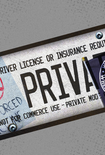 A sign that says "no driver license or insurance required, private, not commerce use – private." It is plagarizeed with the text "No forced vaccine" and a drawing of vaccines crossed out and a Qanon flag.