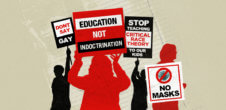 Illustration of four people in black and red colors holding signs that say, "Don't Say Gay," "Education Not Indoctrination," "Stop Teaching Critical Race Theory to Our Kids, and "No Masks"