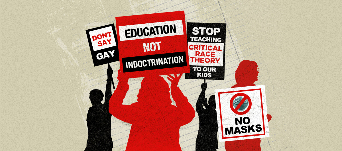 Illustration of four people in black and red colors holding signs that say, "Don't Say Gay," "Education Not Indoctrination," "Stop Teaching Critical Race Theory to Our Kids, and "No Masks"