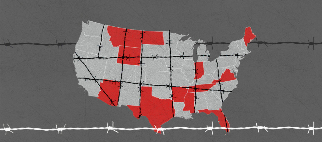 A map of the United States which has states in red with anti-Transgender legislation. There are barbed wires over the illustration.