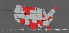 A map of the United States which has states in red with anti-Transgender legislation. There are barbed wires over the illustration.