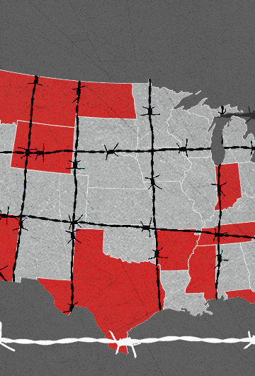 A map of the United States which has states in red with anti-Transgender legislation. There are barbed wires over the illustration.